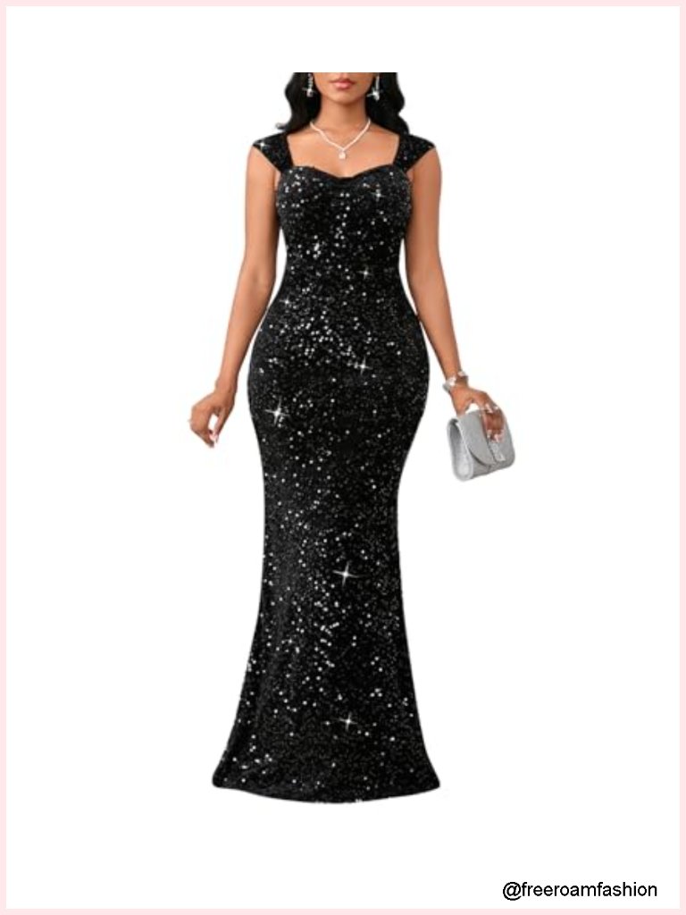 Sequin Mermaid Maxi Dress With Cap Sleeves Sweetheart Neck